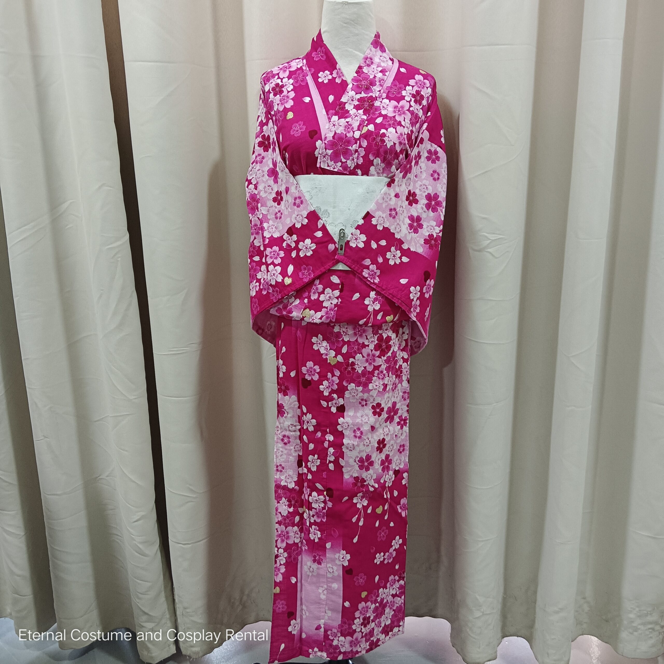 Japanese Traditional Yukata Female Pink Block Pattern Base with Pink Sakura Printing for Rent
