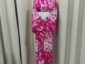 Japanese Traditional Yukata Female Pink Block Pattern Base with Pink Sakura Printing for Rent