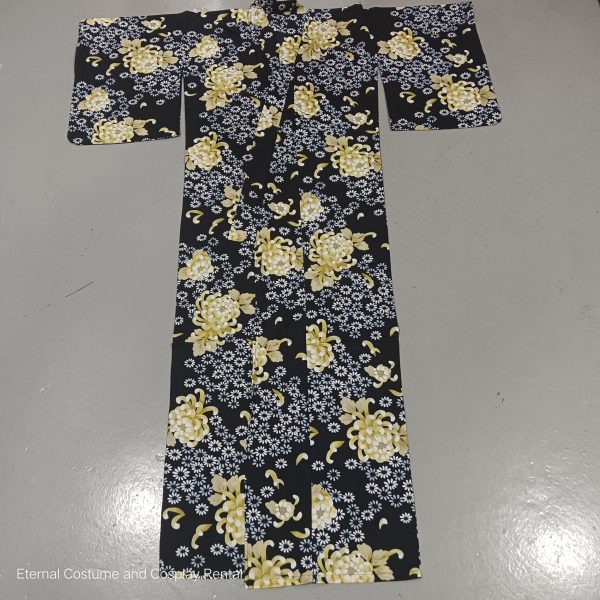 Japanese Traditional Yukata Female Black Base with Yellow Flower Printing Suitable for Bon Odori for Rent - Image 2