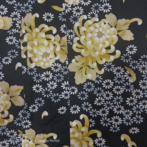 Japanese Traditional Yukata Female Black Base with Yellow Flower Printing Suitable for Bon Odori for Rent - Image 4