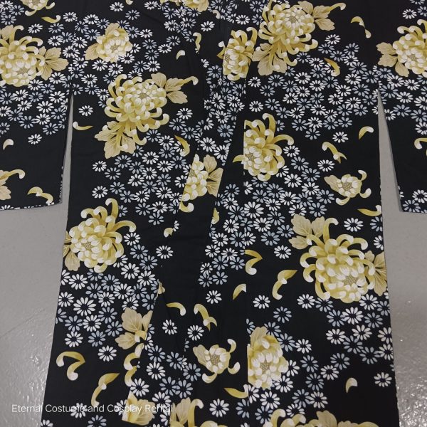 Japanese Traditional Yukata Female Black Base with Yellow Flower Printing Suitable for Bon Odori for Rent - Image 3