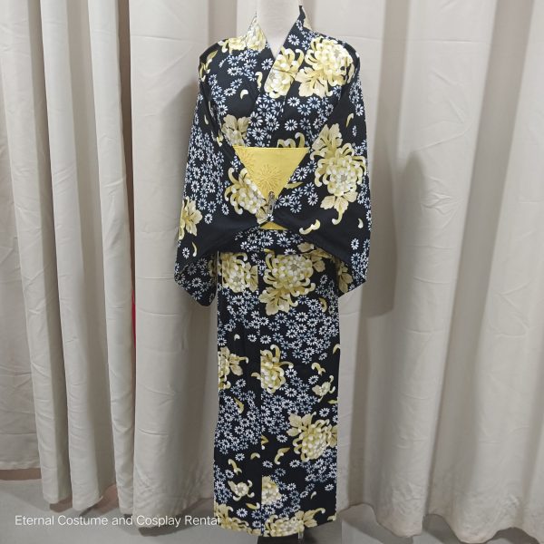 Japanese Traditional Yukata Female Black Base with Yellow Flower Printing Suitable for Bon Odori for Rent