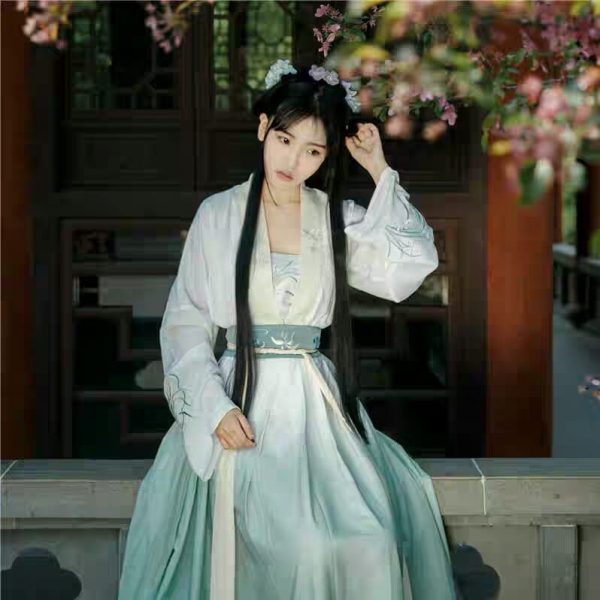 CHINESE Traditional HanFu Singlet Style White and Gradient Green Female Size S - L for Rent