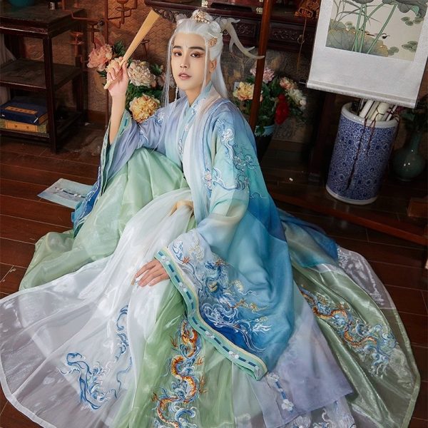CHINESE Traditional HanFu Male Gren&White with Blue Full Embroidery Size Suitable S - L for Rent