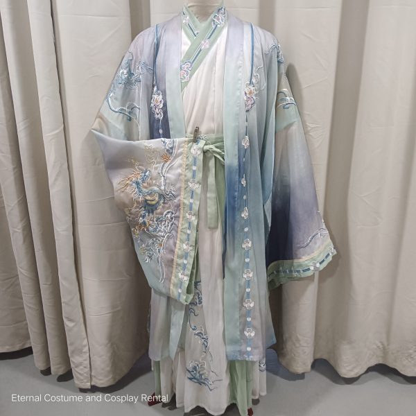 CHINESE Traditional HanFu Male Gren&White with Blue Full Embroidery Size Suitable S - L for Rent - Image 4