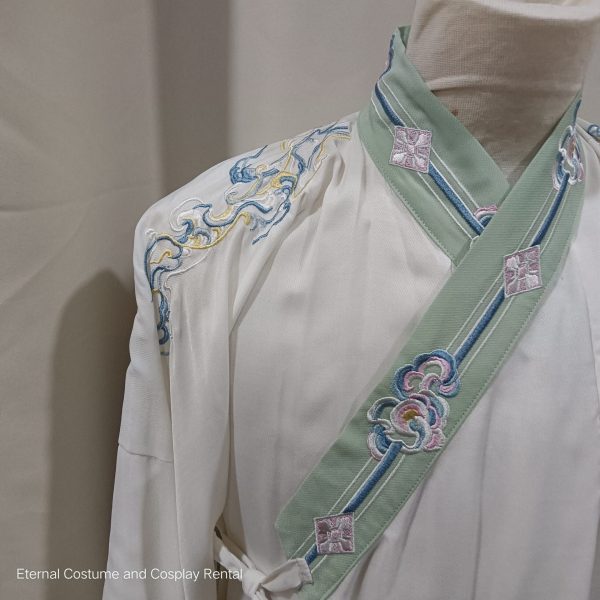 CHINESE Traditional HanFu Male Gren&White with Blue Full Embroidery Size Suitable S - L for Rent - Image 9