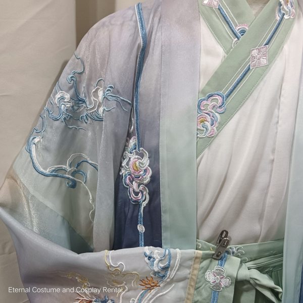 CHINESE Traditional HanFu Male Gren&White with Blue Full Embroidery Size Suitable S - L for Rent - Image 6