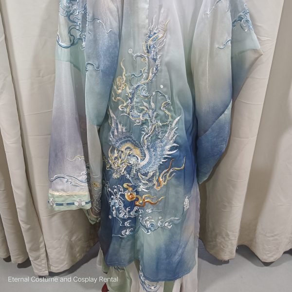 CHINESE Traditional HanFu Male Gren&White with Blue Full Embroidery Size Suitable S - L for Rent - Image 5